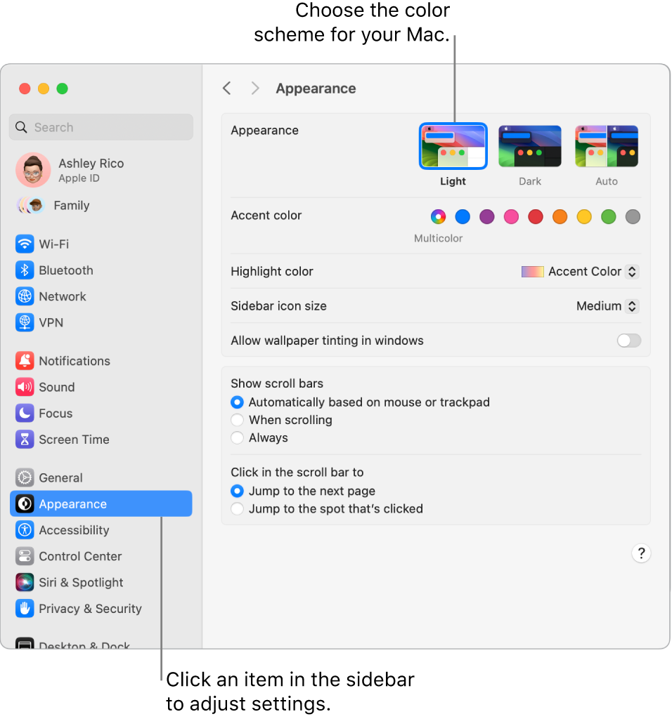 The Appearance settings in System Settings.