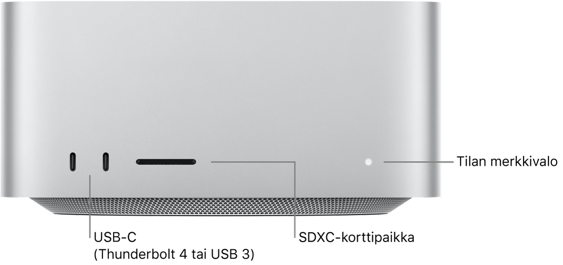 Mac Studion etupuoli, jossa näkyy kaksi USB-C-porttia, SDXC-korttipaikka ja tilan merkkivalo.