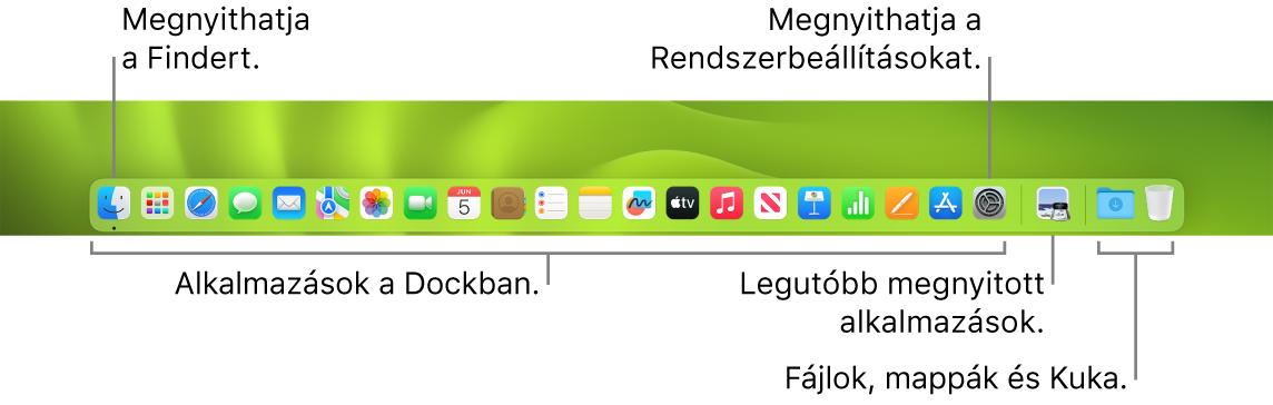 A Dock képe a Finderrel, a Rendszerbeállításokkal, illetve egy vonallal a Dock területén, amely elválasztja az appokat a fájloktól és mappáktól.