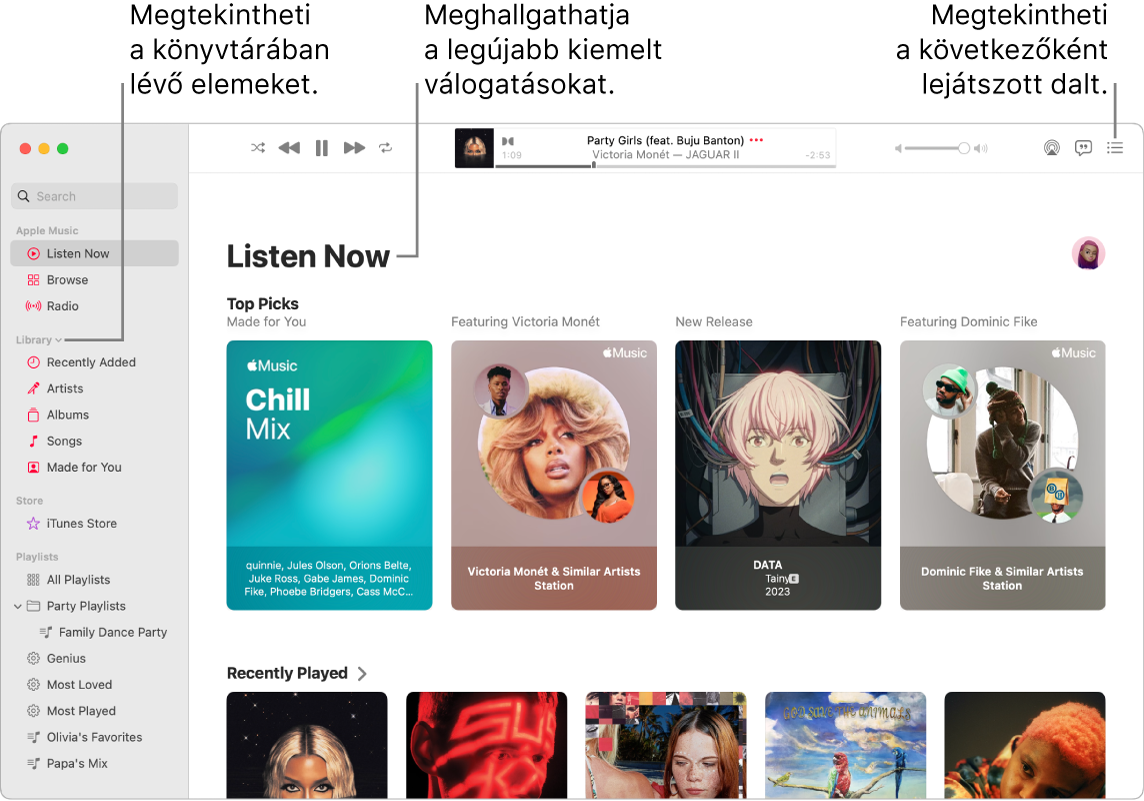 A Zene app ablakában látható, hogy hogyan tekintheti meg könyvtárát, hallgathatja az Apple Musicot, és tekintheti meg a következőnek lejátszott számot.