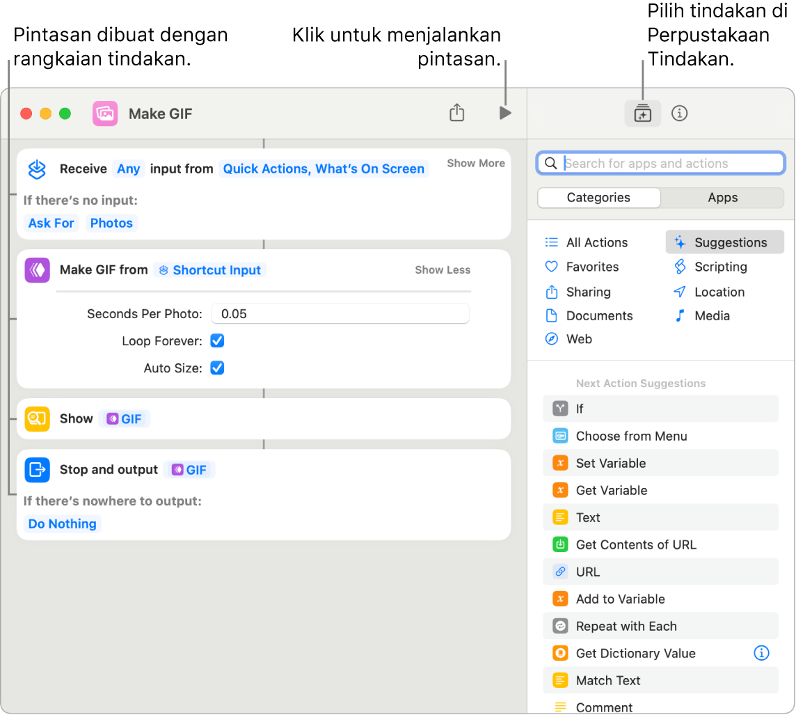 Editor pintasan Jadikan GIF di sebelah kiri dan perpustakaan tindakan di sebelah kanan.