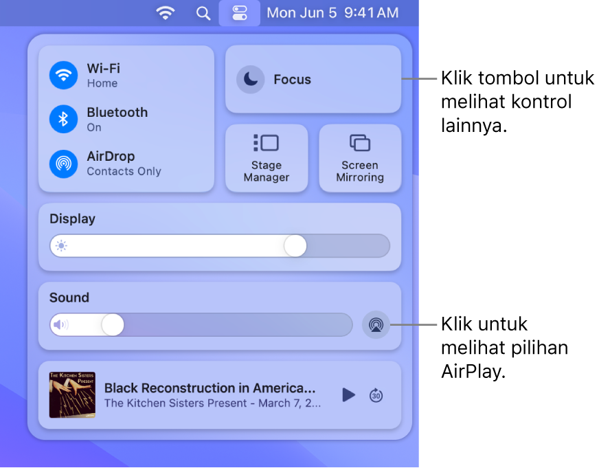 Tampilan Pusat Kontrol yang diperbesar di Mac Anda.