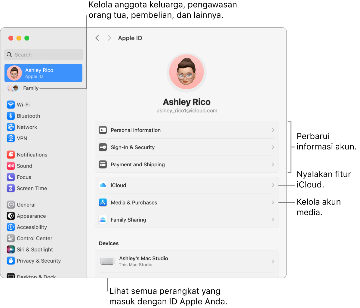 Pengaturan ID Apple di Pengaturan Sistem dengan keterangan untuk memperbarui informasi akun, menyalakan atau mematikan fitur iCloud, mengelola akun media, dan Keluarga, tempat Anda dapat mengelola anggota keluarga, pengawasan orang tua, pembelian, dan lainnya..