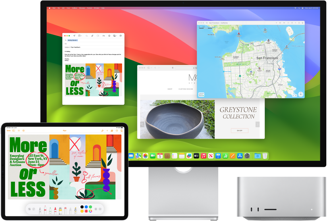 Mac Studio e iPad uno accanto all'altro. Lo schermo di iPad mostra un documento con annotazioni. Sullo schermo di Mac Studio è visibile un messaggio di Mail con il documento annotato tramite iPad come allegato.