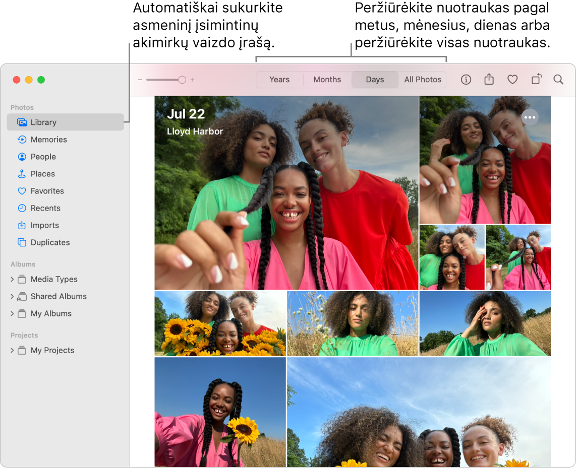 „Photos“ langas: kairėje esančioje šoninėje juostoje rodoma funkcija „Memories“, o „Photos“ lango viršuje pateikiamas iškylantysis meniu, kuriame nuotraukas galite peržiūrėti pagal dieną, mėnesį ir metus.
