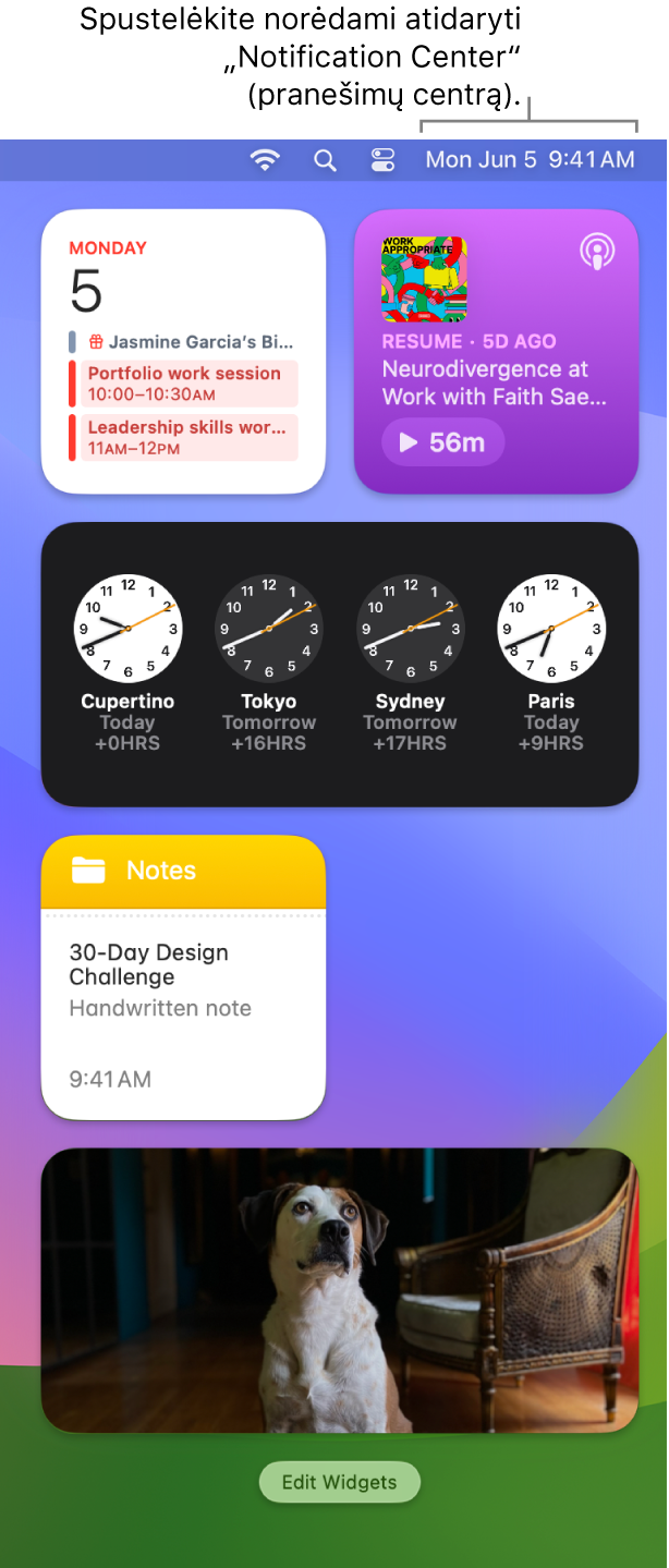 „Notification Center“ su pranešimais ir valdikliais, skirtais „Calendar“, „Weather“, „Clock“ ir „ScreenTime“.