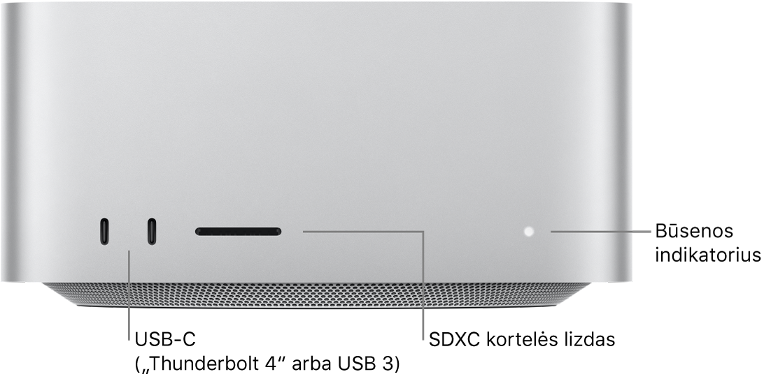 Priekinė „Mac Studio“ pusė, kurioje matosi du USB-C prievadai, SDXC kortelės lizdas ir būsenos indikatoriaus lemputė.