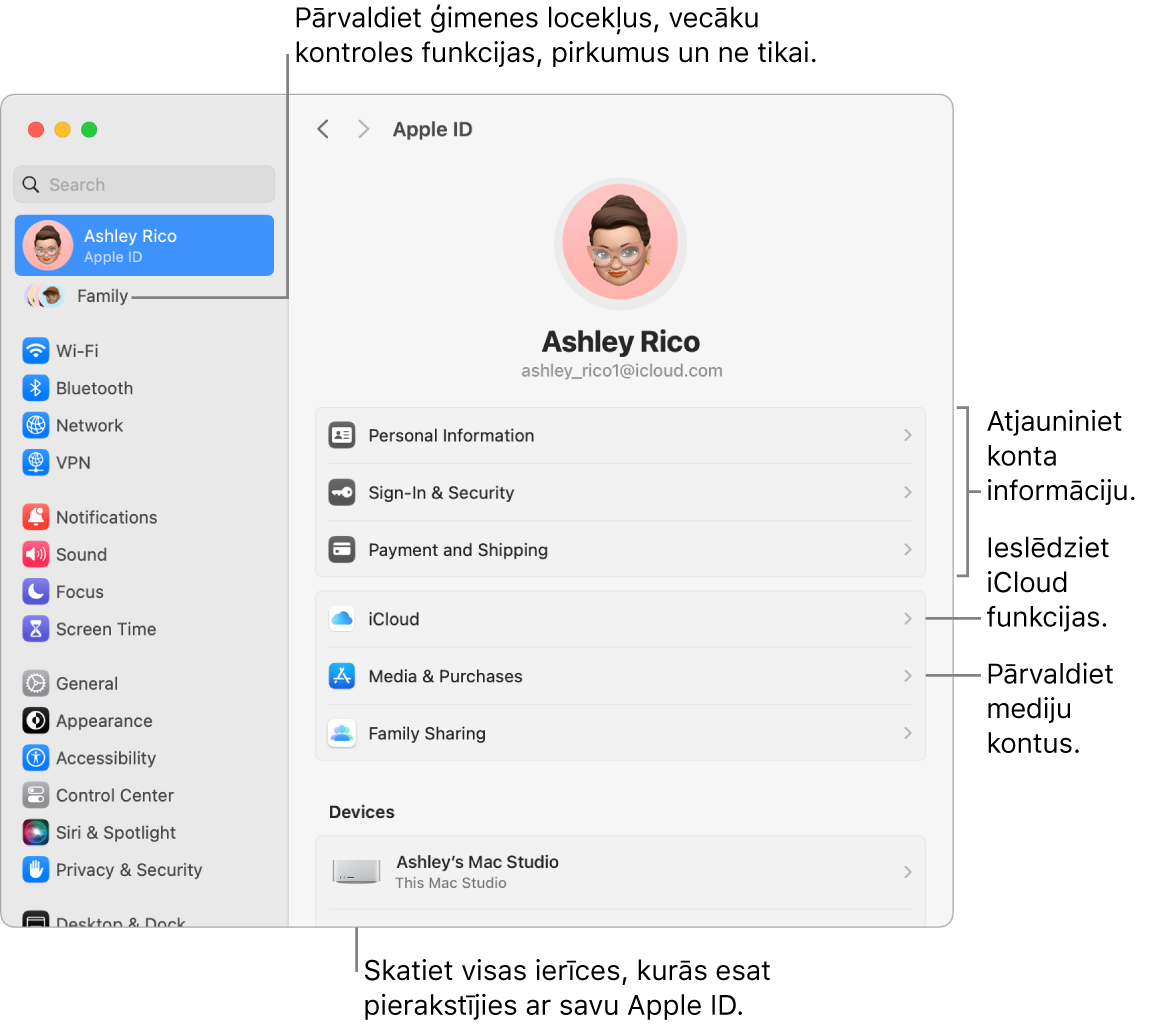 Apple ID iestatījumi izvēlnē System Settings ar remarkām atjaunināt konta informāciju, ieslēgt vai izslēgt iCloud funkcijas, pārvaldīt kontus, un sadaļu Family, kur varat pārvaldīt ģimenes locekļus, vecāku kontroles funkcijas, pirkumus un ne tikai.