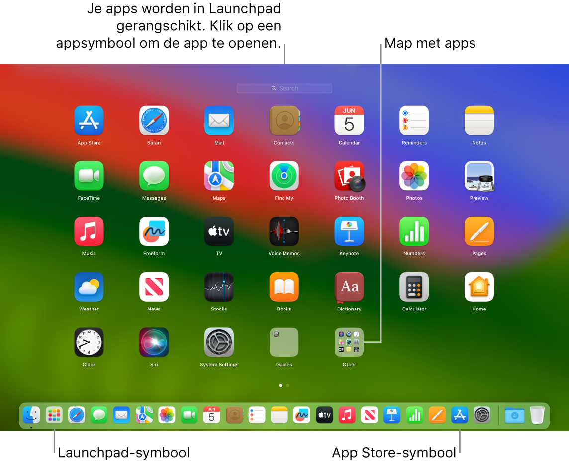 Een Mac-scherm met Launchpad geopend, een map met apps uitgelicht in Launchpad, en het Launchpad-symbool en App Store-symbool uitgelicht in het Dock.