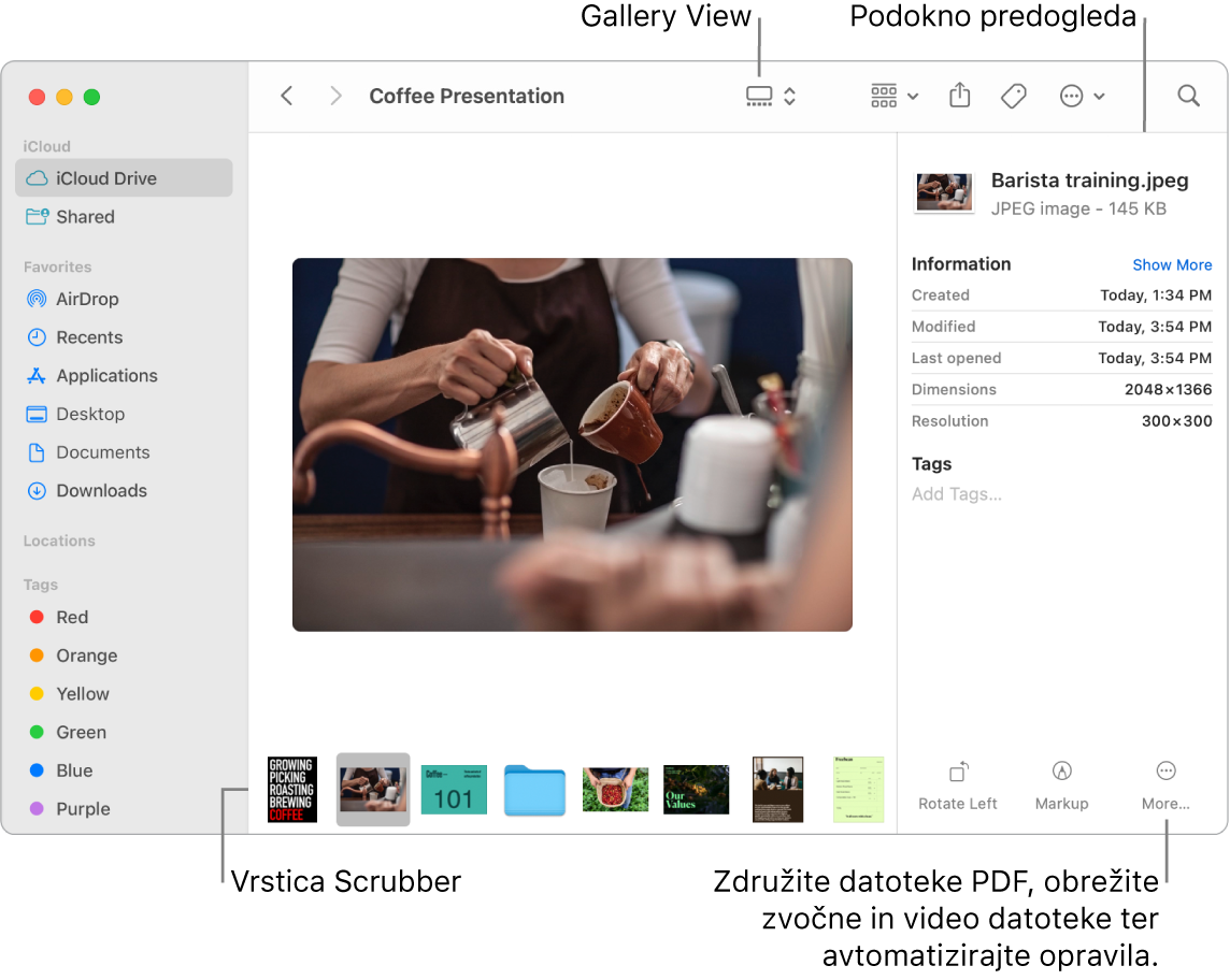 Odprto okno aplikacije Finder v pogledu Gallery prikazuje veliko fotografijo, pod njo pa je vrstica z manjšimi fotografijami – vrstica za upravljanje. Na desni strani vrstice za upravljanje so upravljalni elementi za obračanje, označevanje in dodatne funkcije.