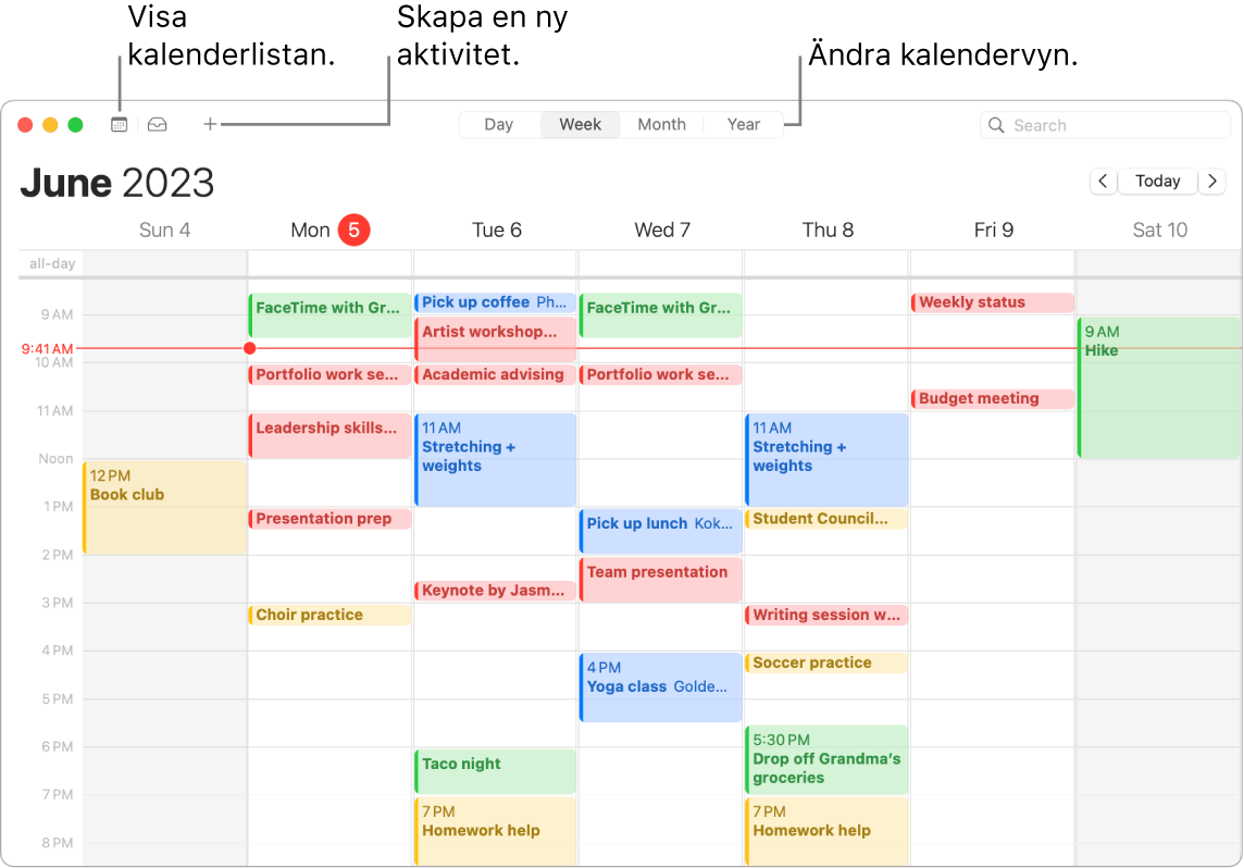 Ett Kalender-fönster som visar kalenderlistan, hur du skapar en aktivitet och hur du väljer dag-, vecko-, månads- eller årsvyn.