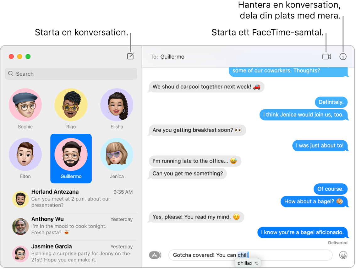 Ett Meddelanden-fönster som visar hur du startar en konversation och ringer ett FaceTime-samtal.