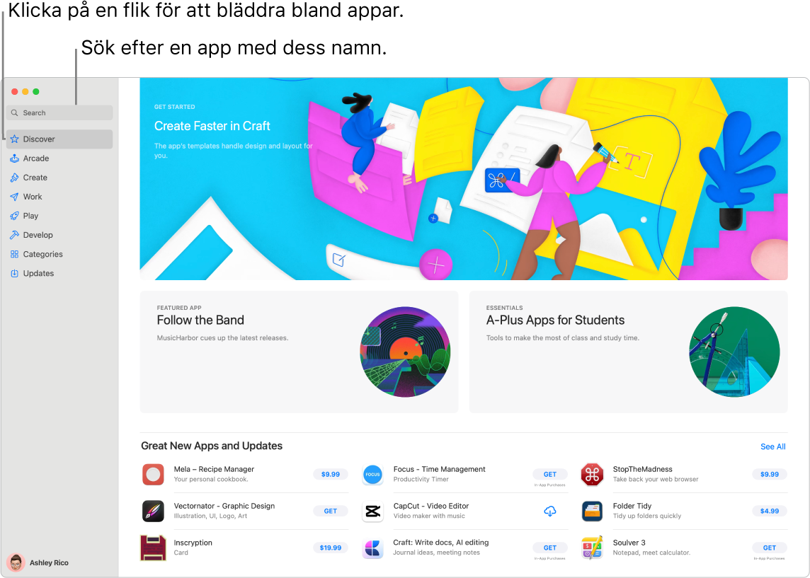 App Store-fönster som visar sökfältet och en sida med Safari-tillägg.