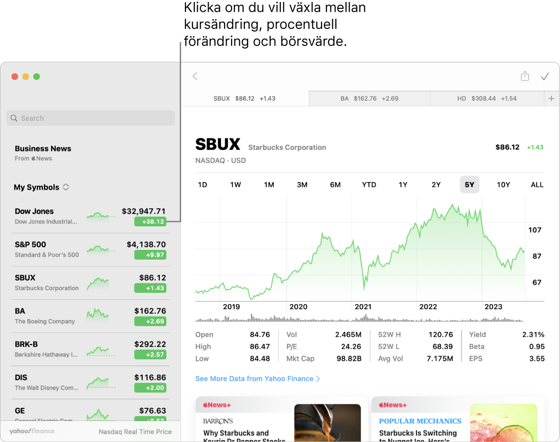 En skärm i Aktier som visar information om den markerade aktien med ett streck till ”Klicka för att växla mellan kursändring, procentuell ändring och börsvärde”.