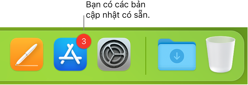 Một phần của Dock đang hiển thị biểu tượng App Store với một biểu trưng, biểu thị rằng có sẵn các bản cập nhật.