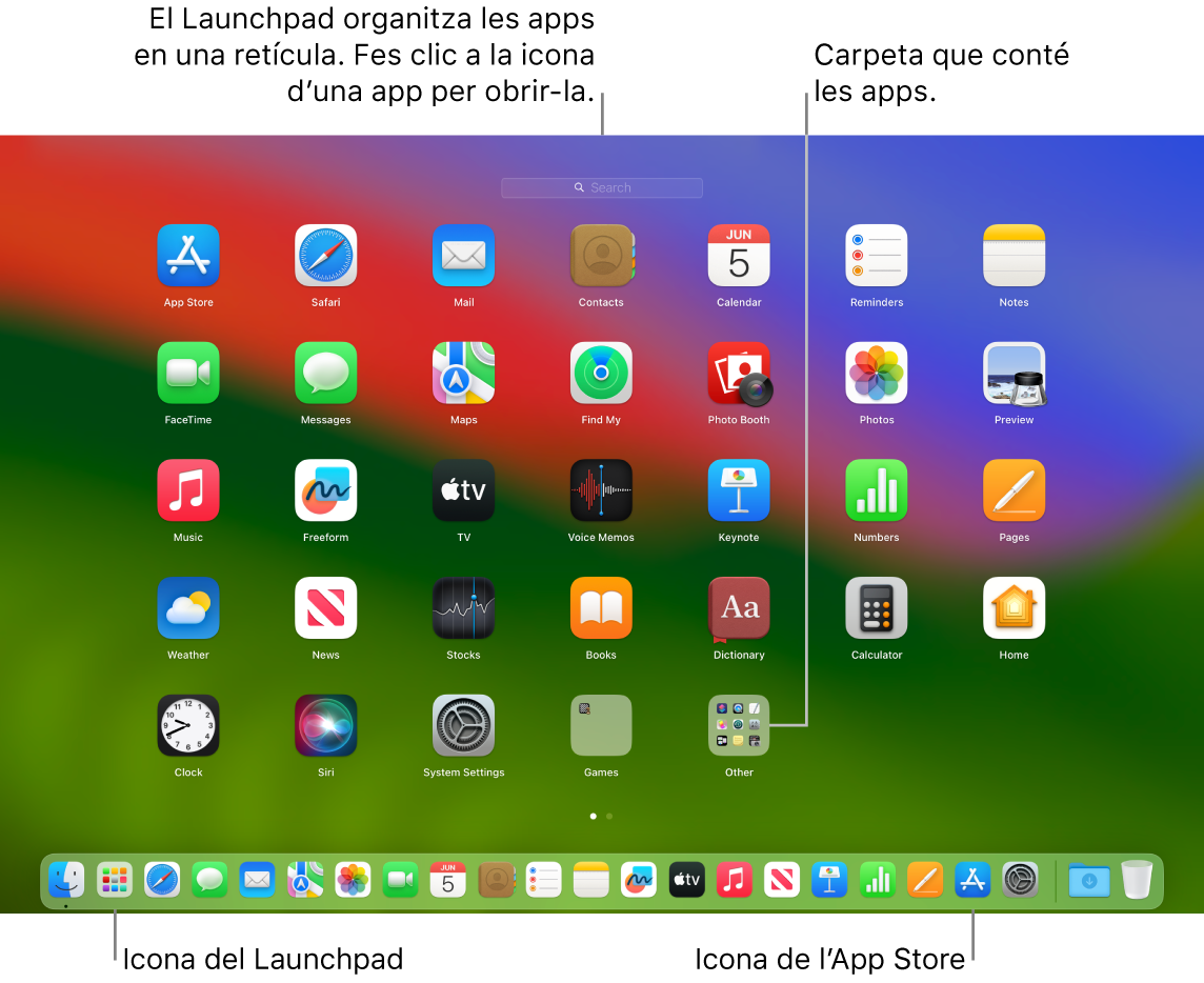 Una pantalla de Mac amb el Launchpad obert mostrant una carpeta d’apps al Launchpad i la icona del Launchpad i de l’App Store al Dock.