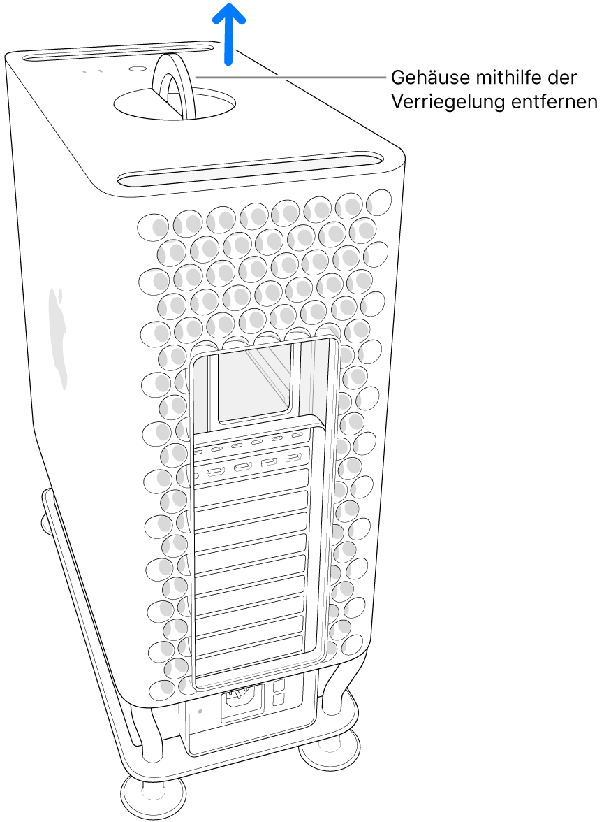 Die Verriegelung ist gedreht und steht senkrecht; das Gehäuse wird vom Computer abgenommen.