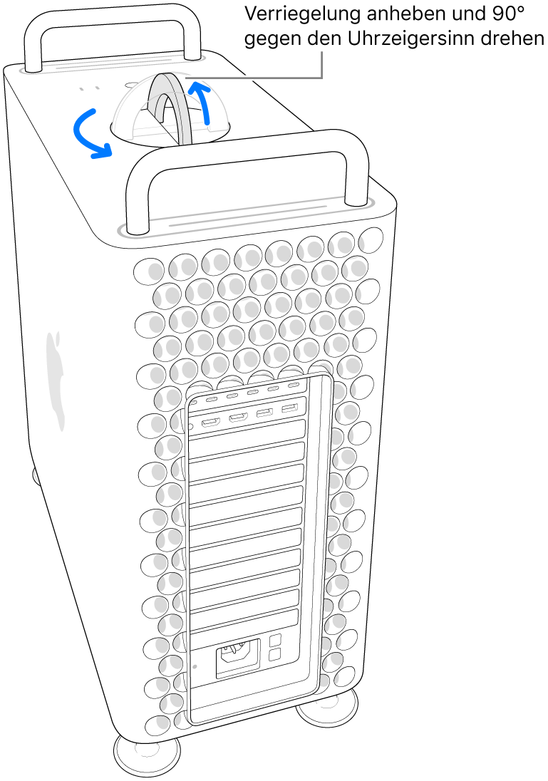 Der erste Schritt zum Entfernen des Computergehäuses, indem die Verriegelung hochgeklappt und um 90 Grad gedreht wird.