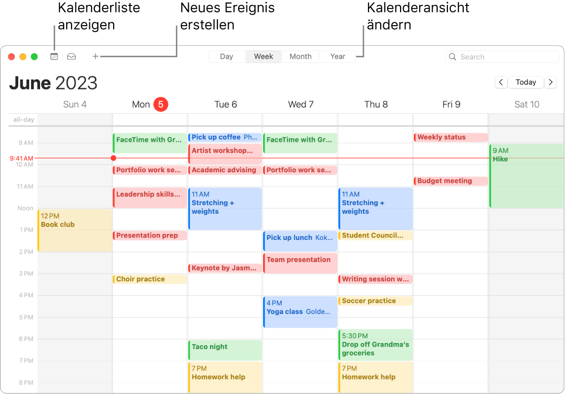 Ein Kalender-Fenster mit der Kalenderliste und Informationen zum Erstellen eines Ereignisses und zum Auswählen einer Darstellung in Tagen, Monaten oder Jahren