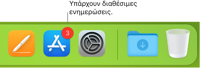 Ένα τμήμα του Dock όπου εμφανίζεται το εικονίδιο App Store με μια ταμπέλα, υποδεικνύοντας ότι υπάρχουν διαθέσιμες ενημερώσεις.