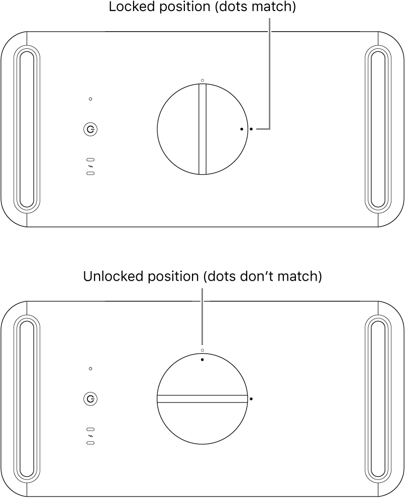 Top of the computer’s housing showing the latch in the locked and unlocked positions.