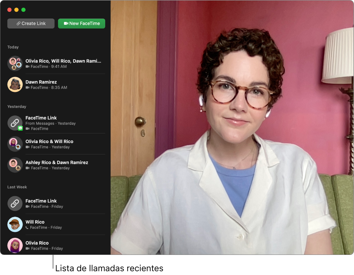 Una ventana de FaceTime mostrando botones para crear un enlace para una llamada de FaceTime o para iniciar una nueva llamada de FaceTime, además de una lista de llamadas recientes.