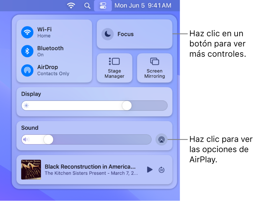 Vista con zoom del centro de control en la Mac.