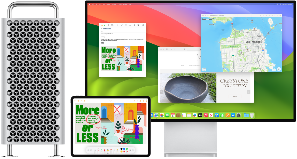 Una Mac Pro junto a un iPad. La pantalla del iPad muestra un anuncio con anotaciones. La pantalla conectada a la Mac Pro tiene un correo de Mail con el diseño del volante con anotaciones del iPad en forma de archivo adjunto.