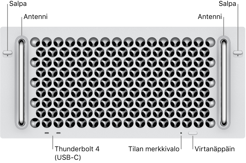 Mac Pron etuosa, jossa näkyy kaksi salpaa, kaksi antennia, virtapainike, tilan merkkivalo ja kaksi Thunderbolt 4 (USB-C) ‑porttia.