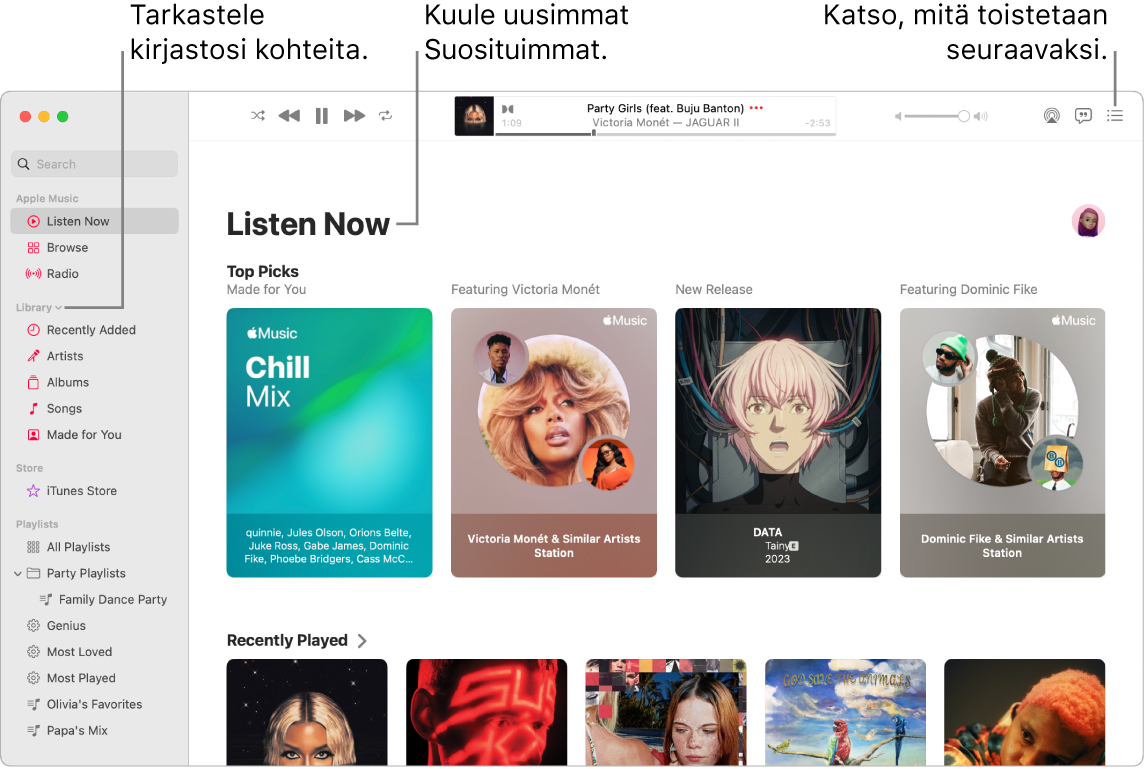 Musiikki-apin ikkunassa näkyy, miten voit katsella kirjastoa, kuunnella musiikkia Apple Musicista ja katsoa, mitä toistetaan seuraavaksi.