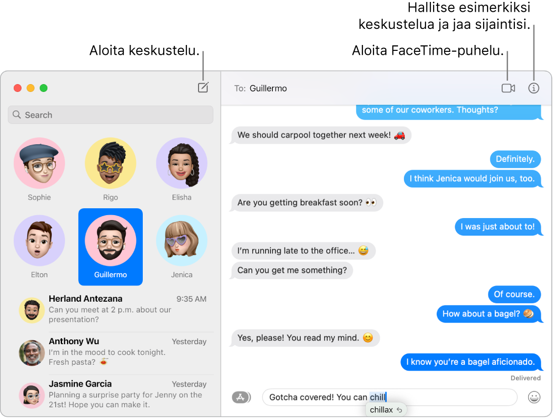 Viestit-ikkuna, jossa näytetään, miten aloitetaan keskustelu ja FaceTime-puhelu.