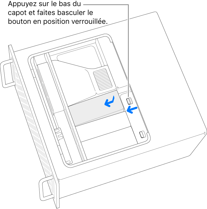 Réinstallation des caches des SSD en déplaçant le bouton de verrouillage vers la gauche et en appuyant sur le cache des SSD.