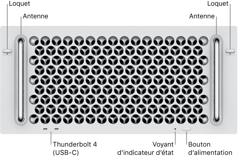 Avant du Mac Pro montrant deux loquets, deux antennes, un bouton d’alimentation, un voyant d’état et deux ports Thunderbolt 4 (USB-C).