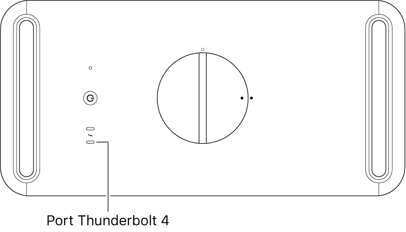 Le haut du Mac Pro, avec une légende montrant le port Thunderbolt 4 à utiliser.
