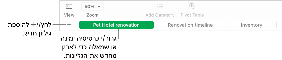 חלון של Numbers המראה כיצד להוסיף גיליון חדש וכיצד לשנות את סדר הגליונות.