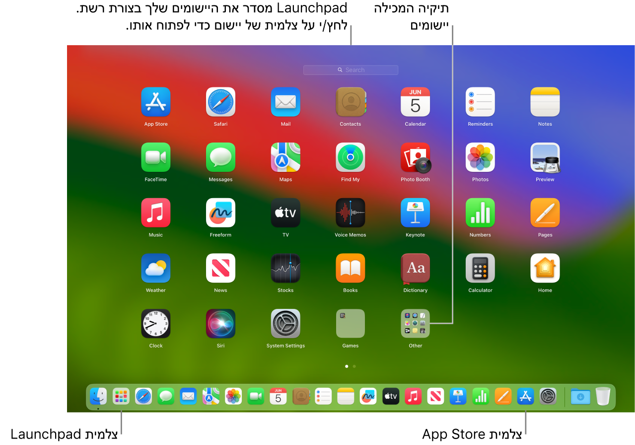 מסך של Mac עם ה‑Launchpad פתוח, תיקיה של יישומים מוצגת ב‑Launchpad וצלמיות של ה‑Launchpad וה‑App Store ב‑Dock.