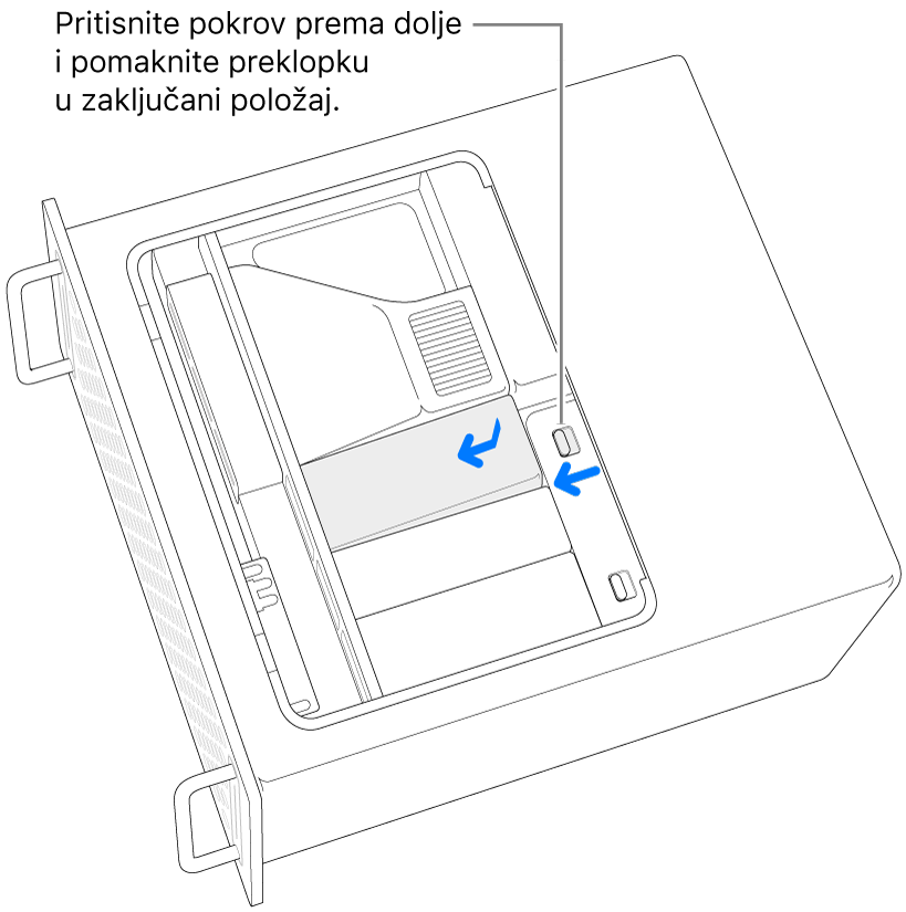 Ponovno instaliranje SSD pokrova pomicanjem preklopke zatvaranja ulijevo i pritiskanjem SSD pokrova.