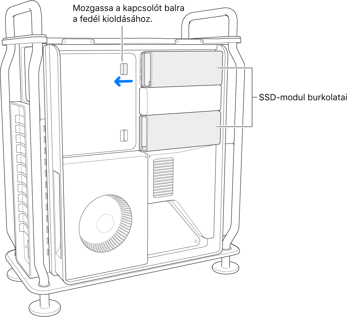 A kapcsoló balra elmozdítva az SSD-foglalatok burkolatának kioldásához.