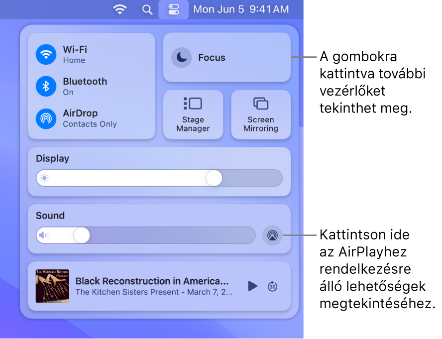 A Mac Vezérlőközpontjának felnagyított nézete.