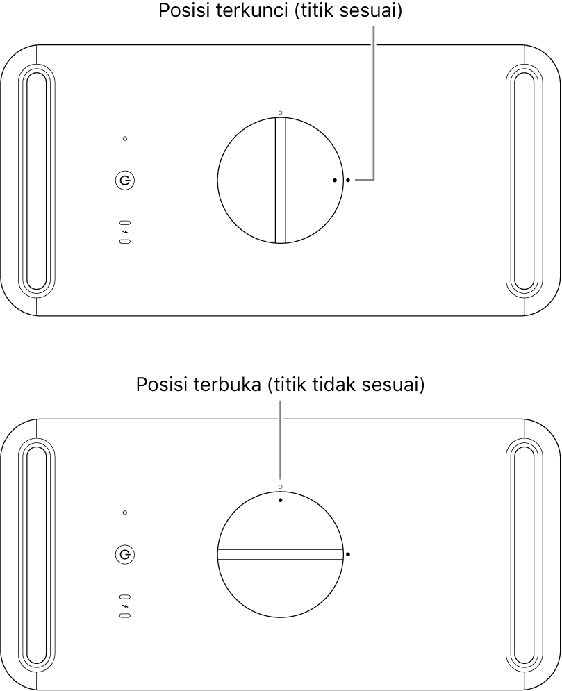 Bagian atas casing komputer menampilkan kait dalam posisi terkunci dan terbuka.