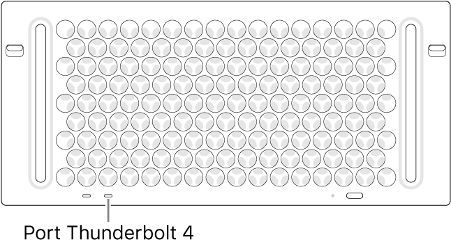 Bagian atas Mac Pro, menunjukkan port Thunderbolt 4 mana yang harus digunakan.