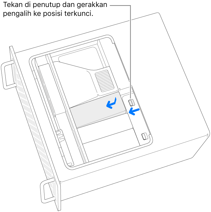 Memasang ulang penutup SSD dengan memindahkan pengalih gembok ke kiri dan menekan di penutup SSD.