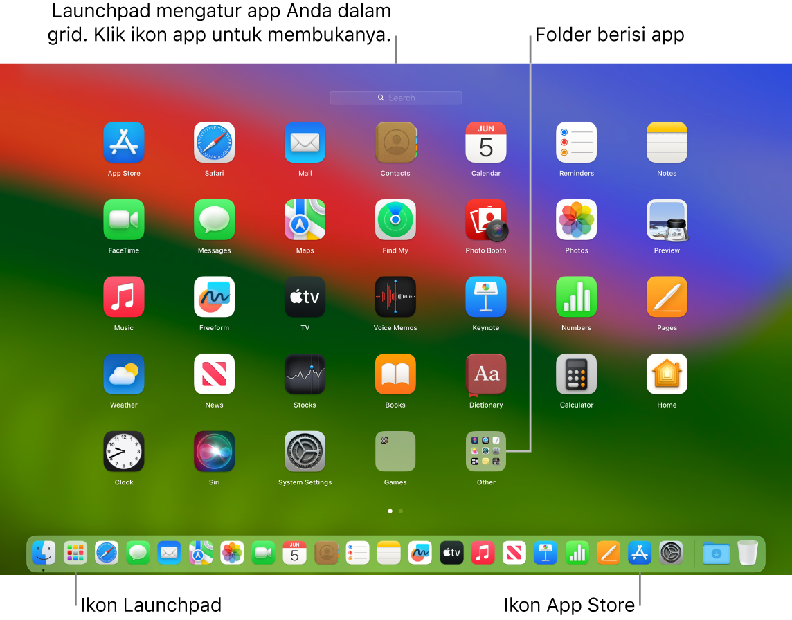 Layar Mac dengan Launchpad terbuka, menampilkan folder app di Launchpad, dan ikon Launchpad dan App Store di Dock.