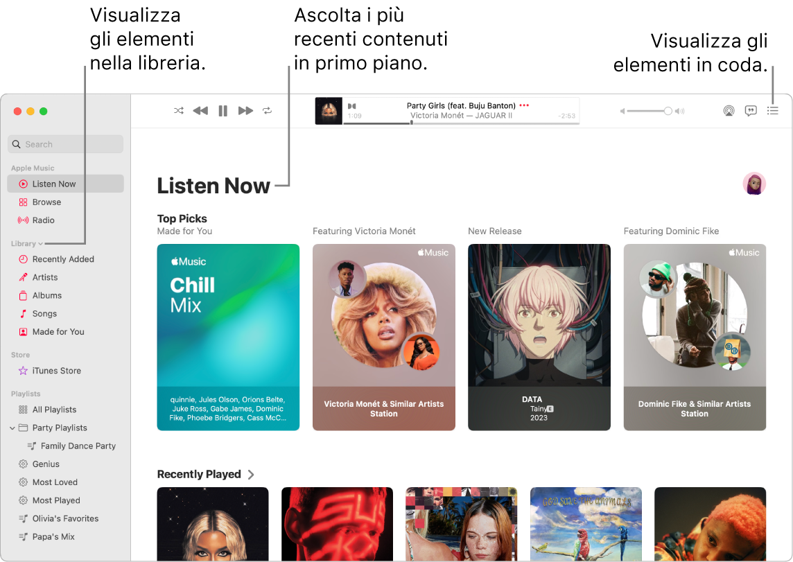 Una finestra dell’app Musica che mostra come visualizzare la libreria, ascoltare Apple Music e visualizzare i brani in coda.