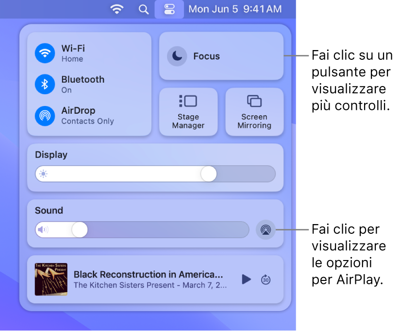Vista ingrandita di Centro di Controllo sul Mac.