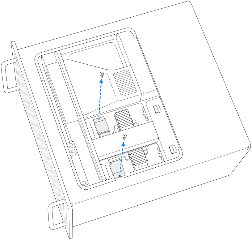 Due viti che vengono rimosse dai moduli SSD.