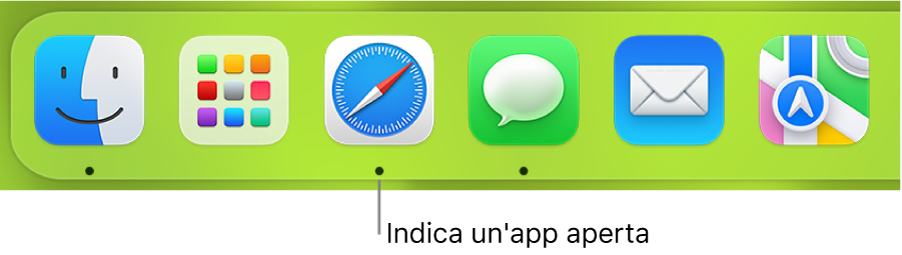 Una parte del Dock che mostra punti neri tra le app aperte.