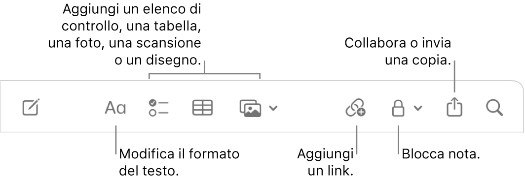 La barra strumenti di Note con didascalie per gli strumenti formato di testo, elenco di controllo, tabella, link, foto/media, blocco, condivisione e invio di una copia.