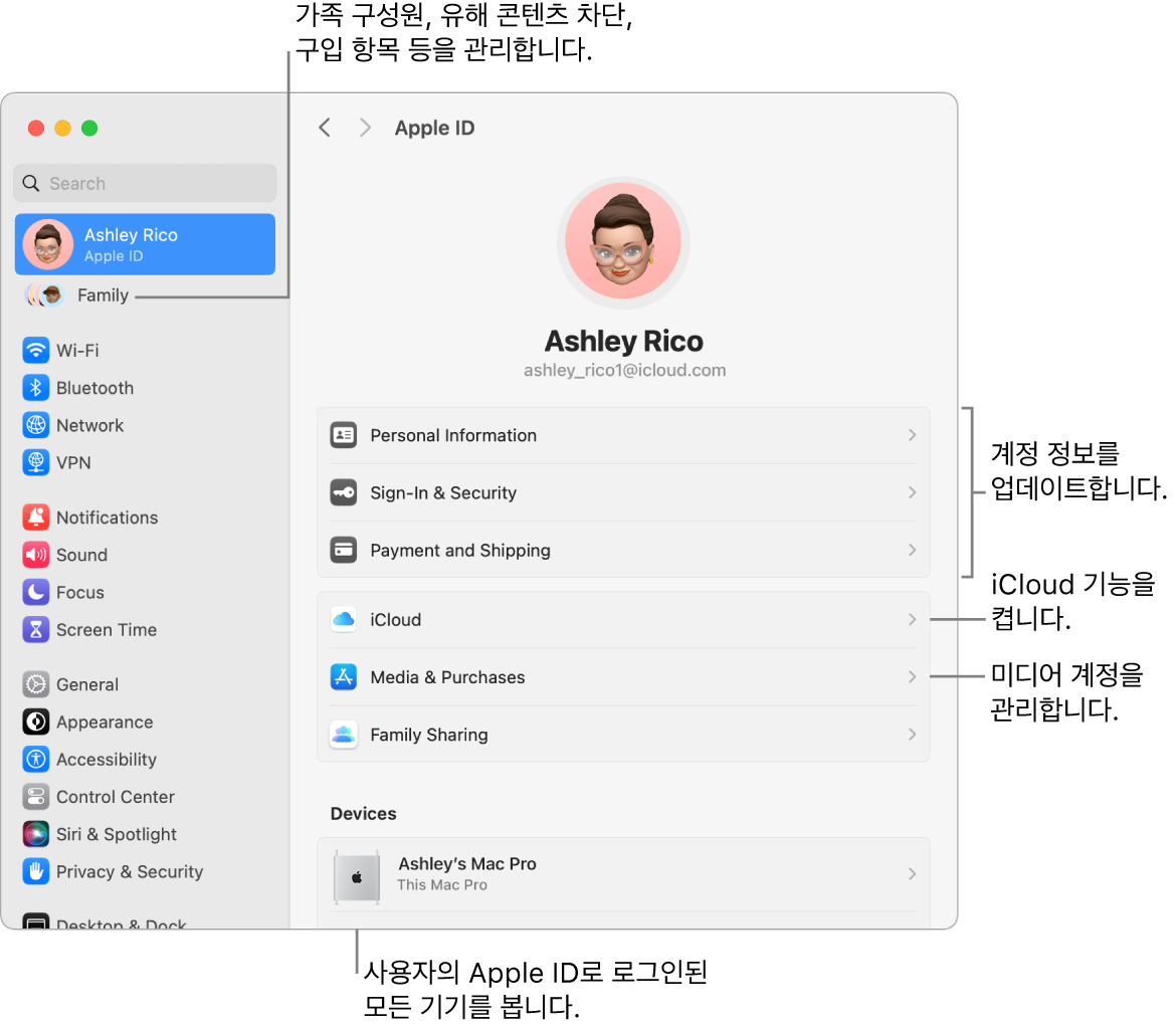 계정 정보 업데이트, iCloud 기능 켜기 또는 끄기, 미디어 계정 관리 및 가족 구성원, 유해 콘텐츠 차단, 구입 항목 등을 관리할 수 있는 가족에 대한 설명이 있는 시스템 설정의 Apple ID 패널.