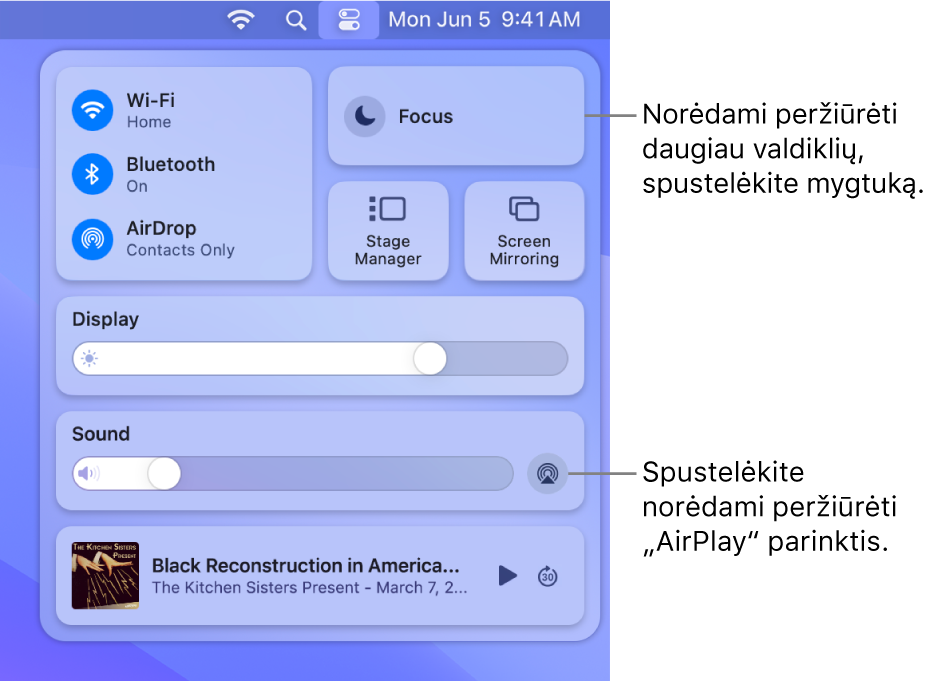Priartintas „Mac“ funkcijos „Control Center“ rodinys.